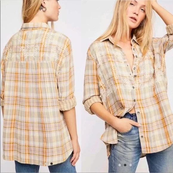 Free People Magical Plaid Button Top Blouse Shirt Yellow Floral Embroidered - Picture 3 of 12